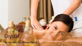 Presentation with massage therapy - Colorful theme enhanced with chinese asian woman in wellness beauty spa having aroma therapy massage with essential oil looking relaxed backdrop and a gold colored foreground