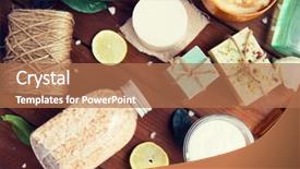  Presentation with wellness products - PPT theme with beauty spa therapy natural cosmetics and wellness concept - close up of body care cosmetic products on wood background and a coral colored foreground