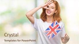  Presentation with united kingdom - Theme with beauty standard - young beautiful woman holding flag background and a  colored foreground