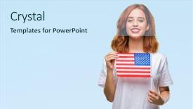  Presentation with america flag - Audience pleasing presentation theme consisting of beauty standard - young beautiful woman holding flag backdrop and a sky blue colored foreground