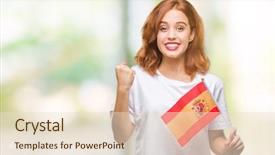  Presentation with flag - Colorful theme enhanced with beauty standard - young beautiful woman holding flag backdrop and a  colored foreground