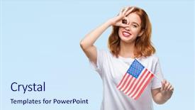  Presentation with america flag - Theme with beauty standard - young beautiful woman holding flag background and a sky blue colored foreground