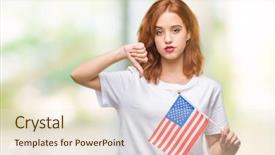  Presentation with america flag - Beautiful PPT theme featuring beauty standard - young beautiful woman holding flag backdrop and a  colored foreground
