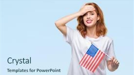  Presentation with america flag - PPT theme consisting of beauty standard - young beautiful woman holding flag background and a  colored foreground