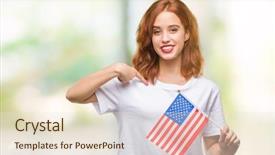  Presentation with america flag - Audience pleasing PPT theme consisting of beauty standard - young beautiful woman holding flag backdrop and a  colored foreground
