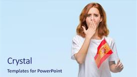  Presentation with woman covering man mouth hand - Slides having beauty standard - young beautiful woman holding flag background and a  colored foreground