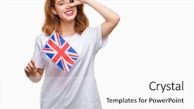  Presentation with united kingdom - PPT theme consisting of beauty standard - young beautiful woman holding flag background and a  colored foreground