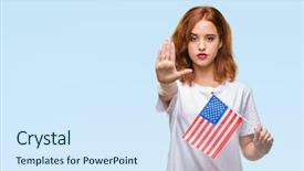  Presentation with america flag - Beautiful PPT theme featuring beauty standard - young beautiful woman holding flag backdrop and a sky blue colored foreground