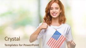  Presentation with america flag - Colorful presentation design enhanced with beauty standard - young beautiful woman holding flag backdrop and a lemonade colored foreground