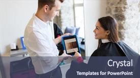  Presentation with hair color - PPT layouts with beauty technology and people concept - happy young woman and stylist with tablet pc computer choosing hair color at salon background and a ocean colored foreground
