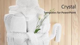  Presentation with empty of wood table top - Colorful slide set enhanced with beauty therapy - bathrobe towel and slippers backdrop and a lemonade colored foreground