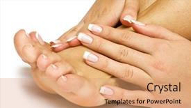  Presentation with equipment in nail care - PPT theme featuring beauty therapy manicure pedicure - care for sensuality woman nails background and a coral colored foreground