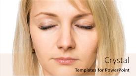  Presentation with emotions - Theme having beauty woman face with eyes closed close up portrait young cute girl showing different emotions - calmness background and a coral colored foreground