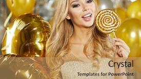  Presentation with new year - Cool new presentation design with beauty woman in gold dress backdrop and a coral colored foreground