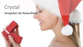  Presentation with beauty - Slide deck featuring beauty woman in santa hat with present isolated on white background and a sky blue colored foreground