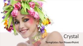  Presentation with white flowers - PPT layouts featuring beauty woman portrait with wreath background and a  colored foreground
