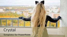  Presentation with cats - Amazing PPT theme having beauty woman with long blond hair and cats ears is standing on balcony back view backdrop and a coral colored foreground