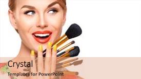 Presentation with skin color natural - Audience pleasing PPT layouts consisting of beauty woman with makeup brushes backdrop and a coral colored foreground