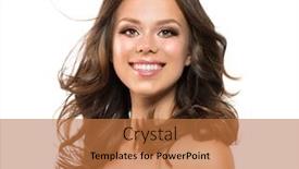  Presentation with haircut - Slide deck enhanced with beauty young woman portrait closeup beautiful model girl face long curly hair fresh clean skin brunette model make-up for brown eyes hairstyle haircut beauty white teeth smile isolated background and a coral colored foreground