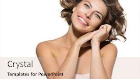  Presentation with green beauty - Presentation theme featuring beauty young woman portrait over white background beautiful model girl face short curly hair fresh clean skin and green eyes hairstyle haircut background and a lemonade colored foreground