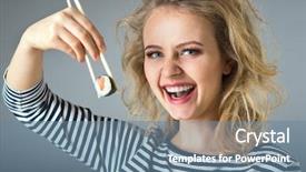  Presentation with japanese food - Colorful PPT theme enhanced with beauty young woman with rolls japanese food on gray background backdrop and a seafoam green colored foreground