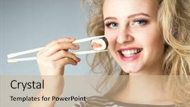  Presentation with japanese food - Amazing PPT layouts having beauty young woman with rolls japanese food on gray background backdrop and a coral colored foreground
