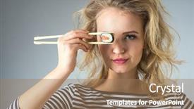 Presentation with japanese food - Beautiful presentation theme featuring beauty young woman with rolls japanese food on gray background backdrop and a coral colored foreground