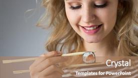  Presentation with japanese food - Theme having beauty young woman with rolls japanese food on gray background background and a coral colored foreground