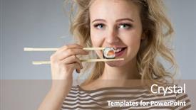  Presentation with japanese food - Slide deck consisting of beauty young woman with rolls japanese food on gray background background and a coral colored foreground