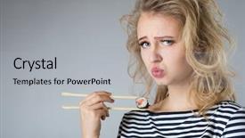  Presentation with japanese food - Amazing PPT theme having beauty young woman with rolls japanese food on gray background backdrop and a light gray colored foreground
