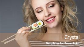  Presentation with japanese food - Colorful slide deck enhanced with beauty young woman with rolls japanese food on gray background backdrop and a coral colored foreground