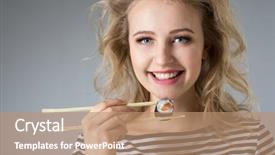  Presentation with japanese food - Cool new theme with beauty young woman with rolls japanese food on gray background backdrop and a coral colored foreground