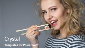  Presentation with japanese food - Amazing slide deck having beauty young woman with rolls japanese food on gray background backdrop and a gray colored foreground