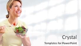  Presentation with ready to eat salad - Amazing presentation having beautyful lady - elderly woman eating salad backdrop and a white colored foreground