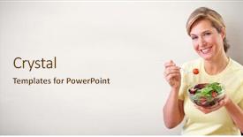  Presentation with ready to eat salad - Slide deck consisting of beautyful lady - elderly woman eating salad background and a sky blue colored foreground