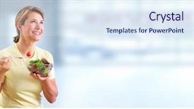  Presentation with salad - Colorful slide deck enhanced with beautyful lady - elderly woman eating salad backdrop and a sky blue colored foreground