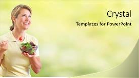  Presentation with ready to eat salad - PPT theme enhanced with beautyful lady - elderly woman eating salad background and a blonde colored foreground