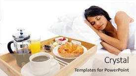  Presentation with breakfast - Presentation theme having bed and breakfast for attractive young woman sleeping and relaxing with room service isolated on white background background and a lemonade colored foreground