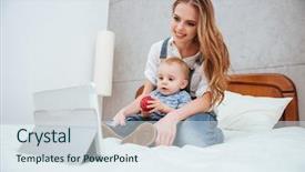  Presentation with baby sitting - PPT theme consisting of bed and watching cartoon background and a sky blue colored foreground