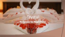  Presentation with bed hotel - PPT theme having bed decorated with flowers and towels in hotel room background and a coral colored foreground