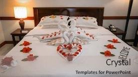  Presentation with bed hotel - PPT theme enhanced with bed decorated with flowers and towels in hotel room background and a coral colored foreground