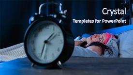  Presentation with insomnia - Cool new PPT theme with bed next to alarm clock backdrop and a navy blue colored foreground