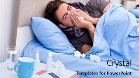  Presentation with medicines - Colorful theme enhanced with sick ill man in the bed taking medicines and drugs backdrop and a light blue colored foreground