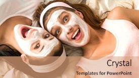  Presentation with serene - Presentation theme having bed wearing cosmetic mask background and a coral colored foreground