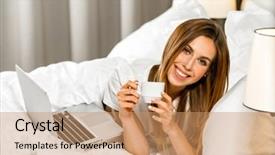  Presentation with pen laptop coffee cup clips - Slide deck consisting of bed with cup of tea background and a coral colored foreground