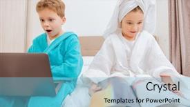  Presentation with kid bedroom - Slide deck enhanced with bed with laptop and magazine background and a light blue colored foreground