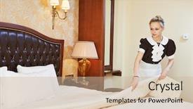  Presentation with hotel housekeeping - Slides with bedclothes at inn room background and a soft green colored foreground