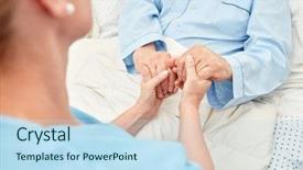  Presentation with elderly person - Cool new presentation design with bedridden patient - caring caregiver holds the hands backdrop and a sky blue colored foreground