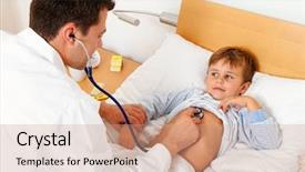  Presentation with sick child - Theme consisting of bedridden patient - physician house call examines background and a coral colored foreground