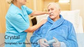  Presentation with bedridden patient - Theme featuring bedridden patient - sick senior man in nursing background and a light blue colored foreground